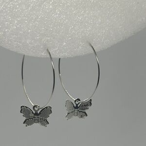 Silver Butterfly Hoop Earrings - 1.5 Inch - Handmade - Minimalist Jewelry